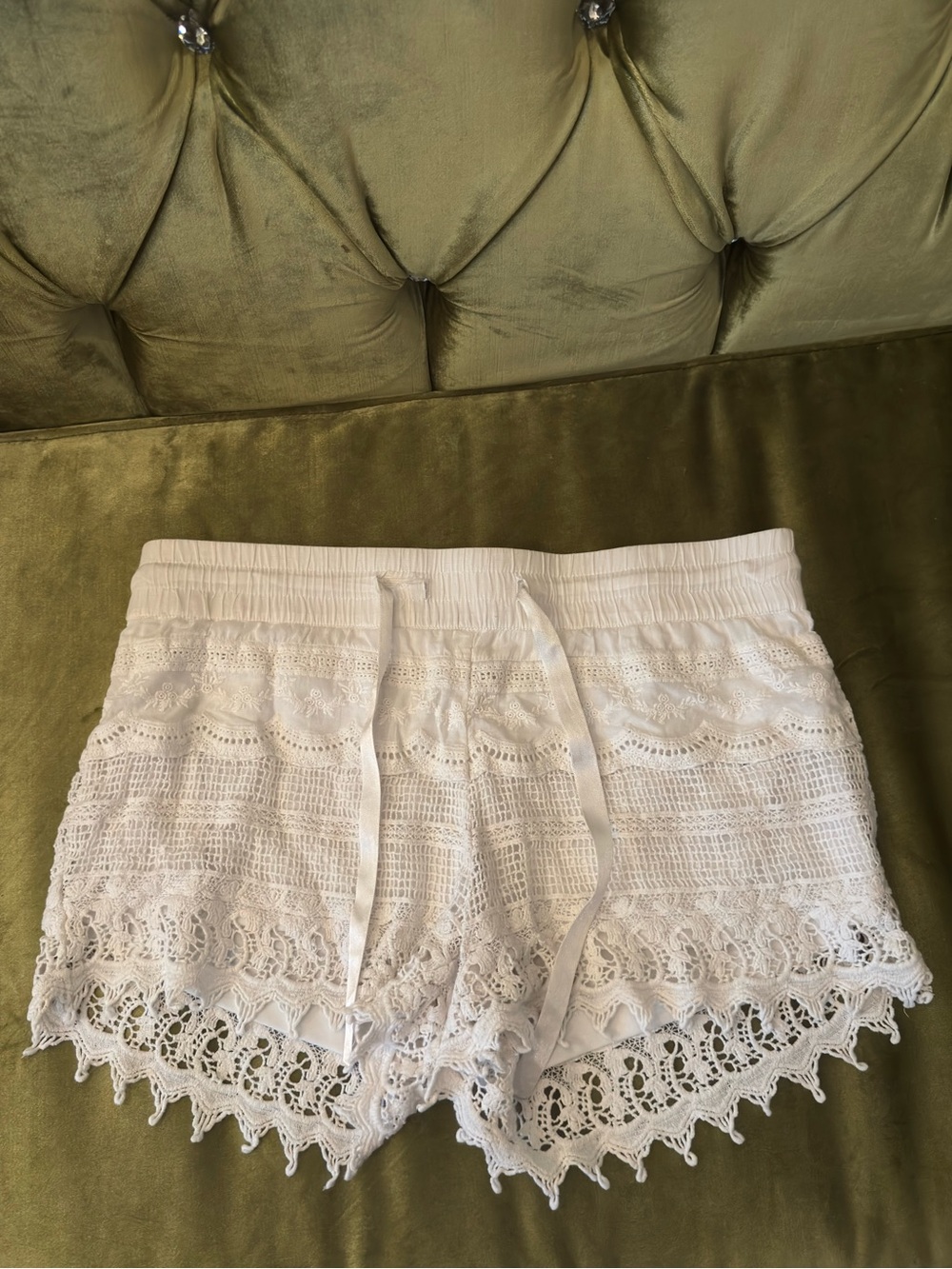No Boundaries White Crochet High Waist Drawstring Shorts